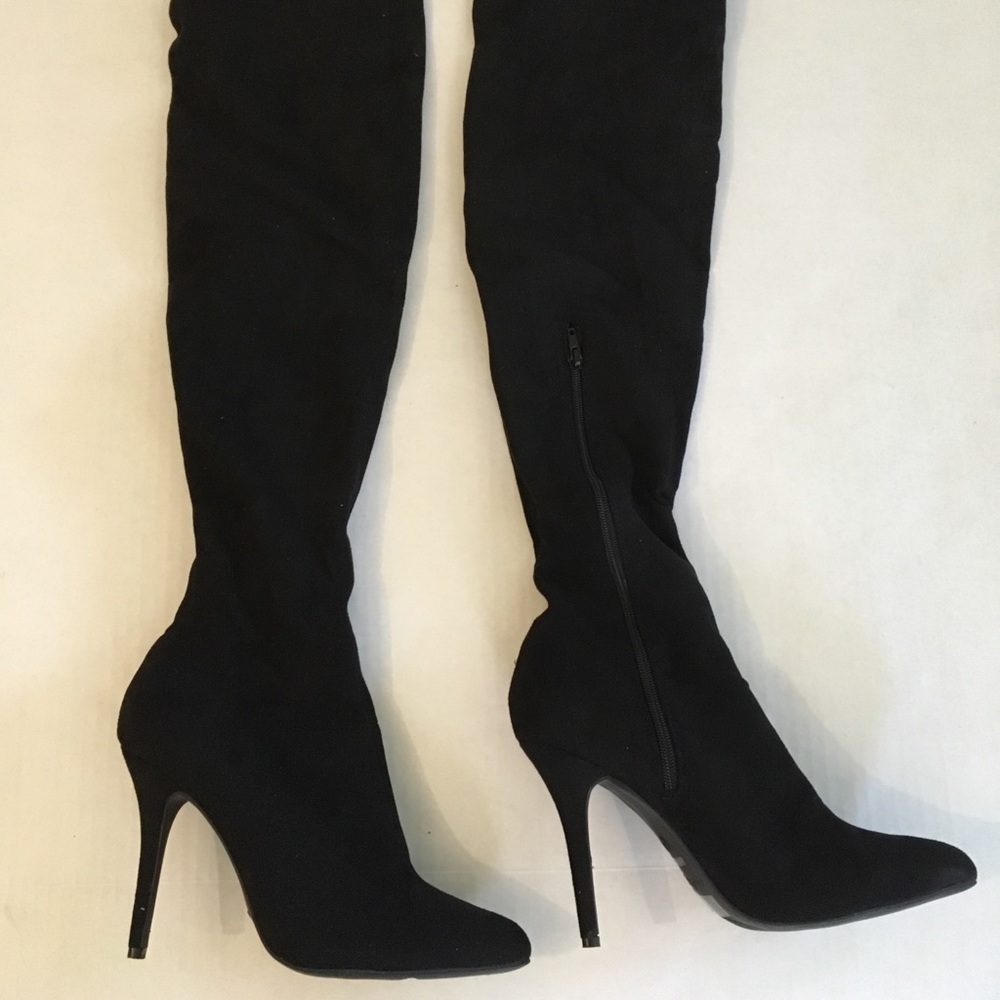 Black Suede Thigh High Stiletto Boots. Size 10.